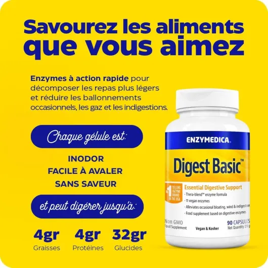 Digest Basic, formule d'enzymes essentielles, digestion douce des repas, réduit les gaz et les ballonnements, sans gluten, sans produits laitiers, 90 gélules 90 unité (Lot de 1)