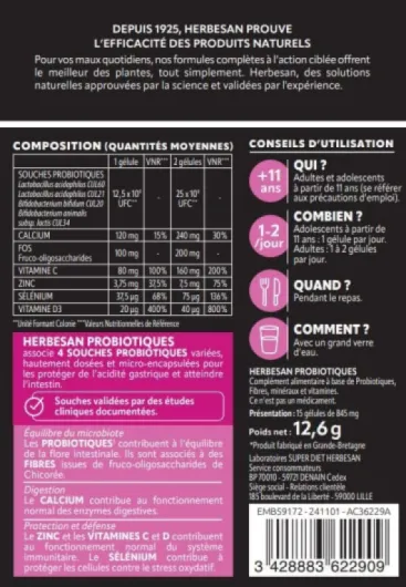 PROBIOTIQUES - Flore intestinale - Équilibre digestif & Immunité - 4 Souches microbiotiques, Fibres, Calcium, Zinc, Vitamines C & D - 15 gélules 15 unité (Lot de 1)