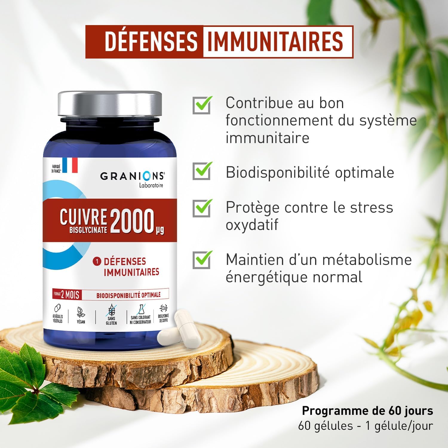 CUIVRE BISGLYCINATE 2 MG - 2 MOIS - Cuivre Immunité et Energie - 200% des apports recommandés - Biodisponiblité Optimale - DEFENSES IMMUNITAIRES - Vegan - 60 gélules - Fabriqué en France