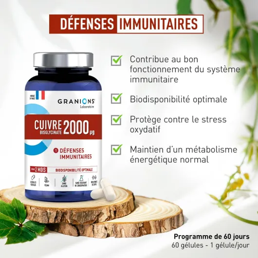 CUIVRE BISGLYCINATE 2 MG - 2 MOIS - Cuivre Immunité et Energie - 200% des apports recommandés - Biodisponiblité Optimale - DEFENSES IMMUNITAIRES - Vegan - 60 gélules - Fabriqué en France
