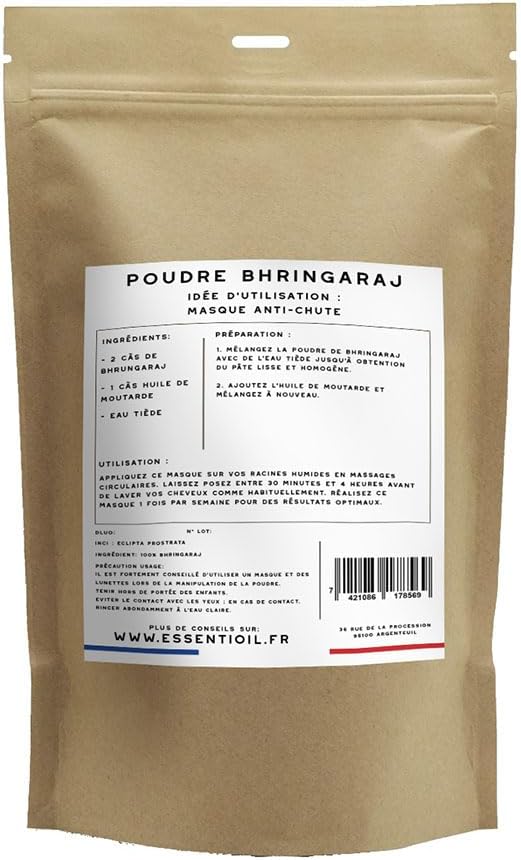 Poudre de Bhringaraj - 100% Naturel - Contre la chute de cheveux, Favorise la pousse, Apaise la peau - Tous types de cheveux et de Peaux - 100g - Marque Française