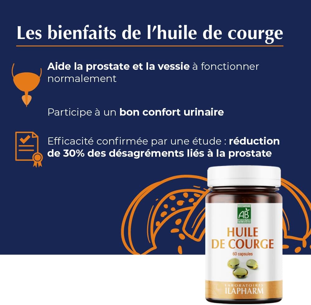 Laboratoires Ilapharm – Huile de Pépins de Courge Bio — Prostate & Confort Urinaire – Huile Pressée à Froid – 60 Capsules Fabriquées en France