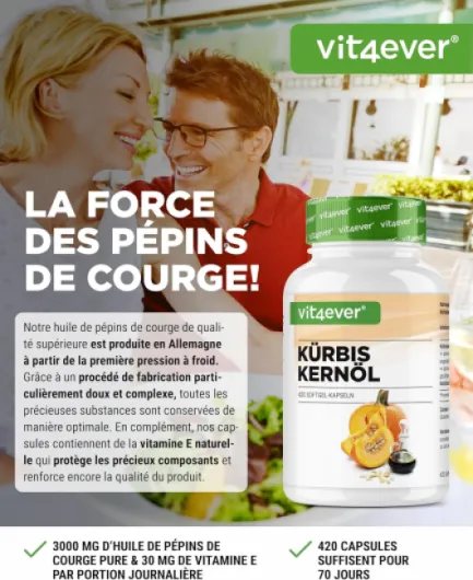 Huile de pépins de courge - 420 capsules - 3000 mg par portion journalière - Avec vitamine E naturelle - Hautement dosée - Naturelle et pressée à froid
