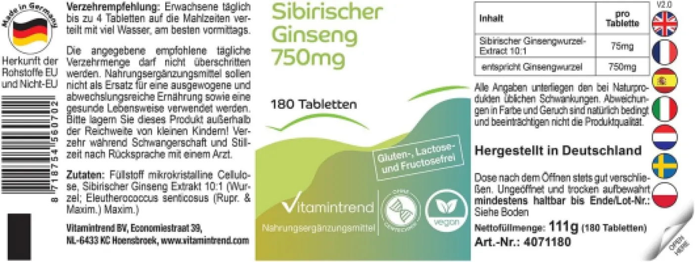 Ginseng Sibérien 750mg – Végan et naturel - Boite de 180 comprimés d’Extrait de Ginseng sibérien - Vitamintrend®