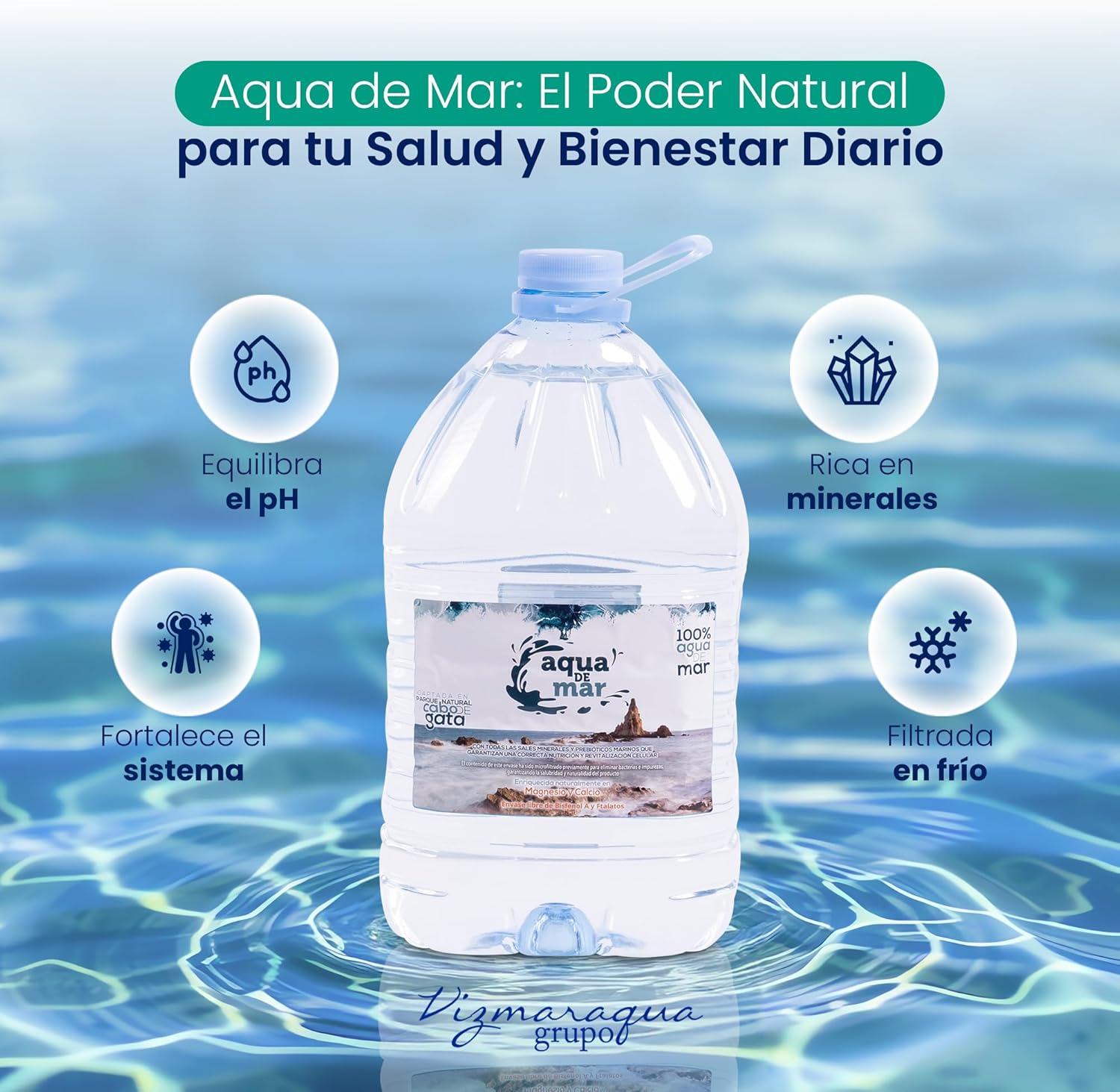 Eau de mer hypertonique 5 litres - Récipient en plastique sans bisphénol A et phtalates - Aqua de mer - Plusieurs avantages - Captée dans le parc naturel Cabo de Gata (Almeria) (5 litres) Sel naturel