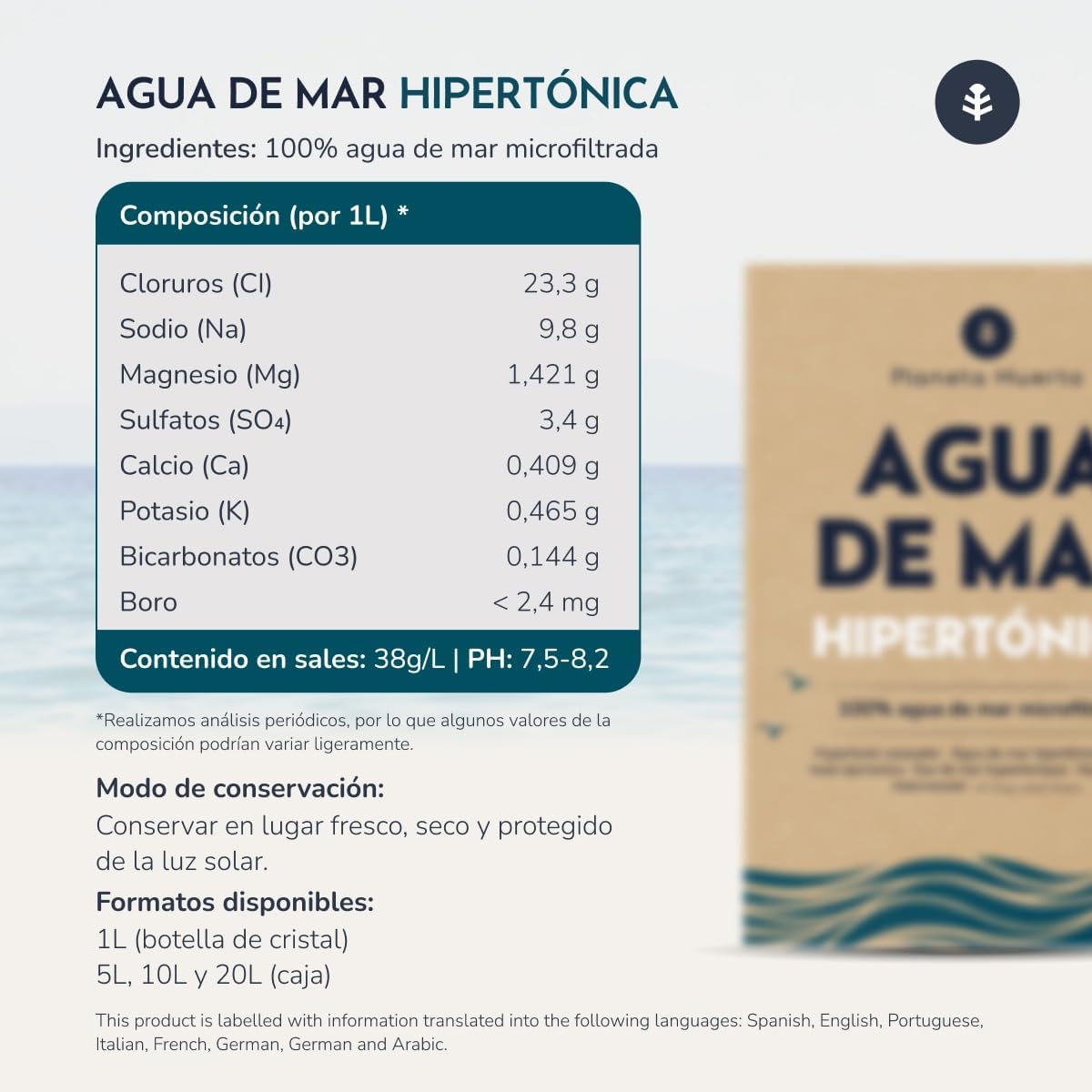 Planète potager - Eau de mer Microfiltrée 100 % pure provenant de la mer Méditerranée - Eau de mer à boire Hypertonique Nutriments essentiels intacts 20 l
