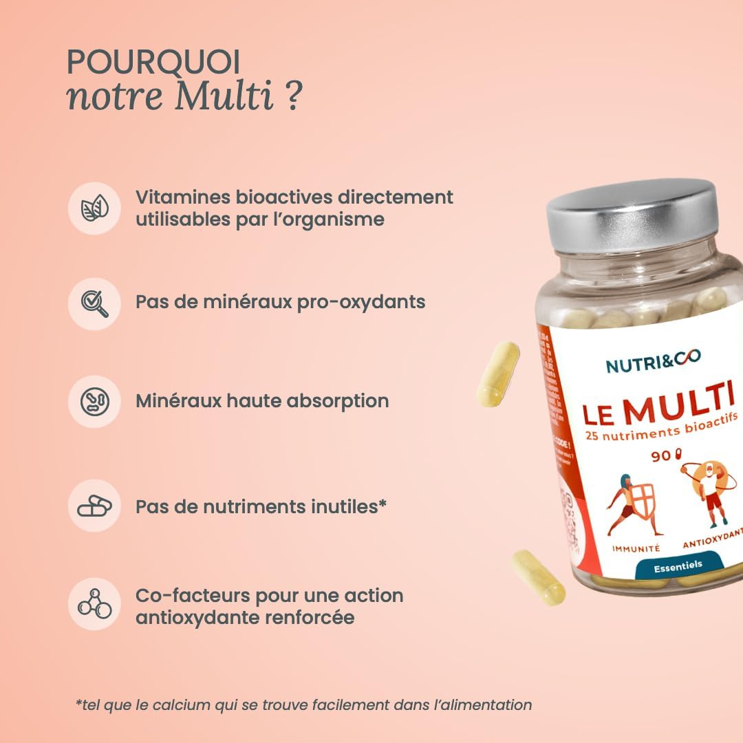 NUTRI & CO Multivitamines et Minéraux 25 Nutriments - Vitamines A B C D3 E K2 + Minéraux dont Magnésium et Zinc - Haute Absorption - 90 Gélules Vegan Friendly Conditionné en France 90 unité (Lot de 1)