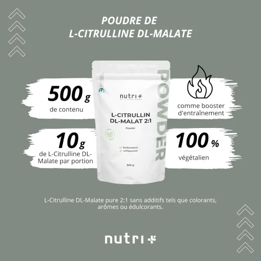 + Citrulline Malate Poudre 500 g - haute dose + végétalienne + pur - Booster musculation et fitness - L-Citrulline Malate DL 2:1