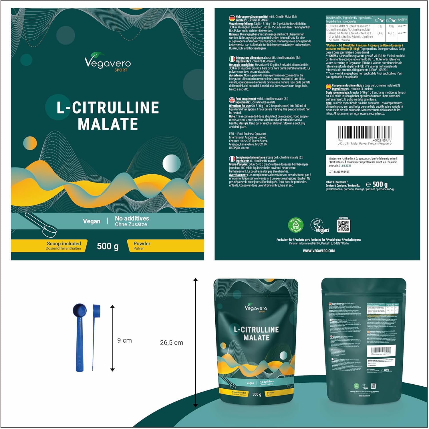 L-Citrulline Malate 2:1 - 500g Poudre - 100% Pure & Sans Additif - Pre Workout Vegan & Endurance - Vegavero®