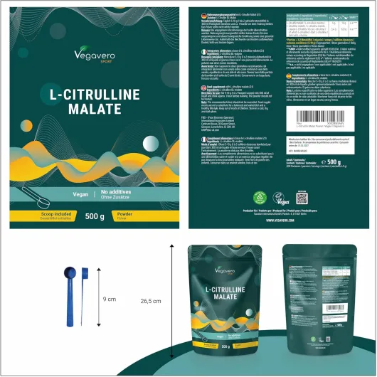 L-Citrulline Malate 2:1 - 500g Poudre - 100% Pure & Sans Additif - Pre Workout Vegan & Endurance - Vegavero®