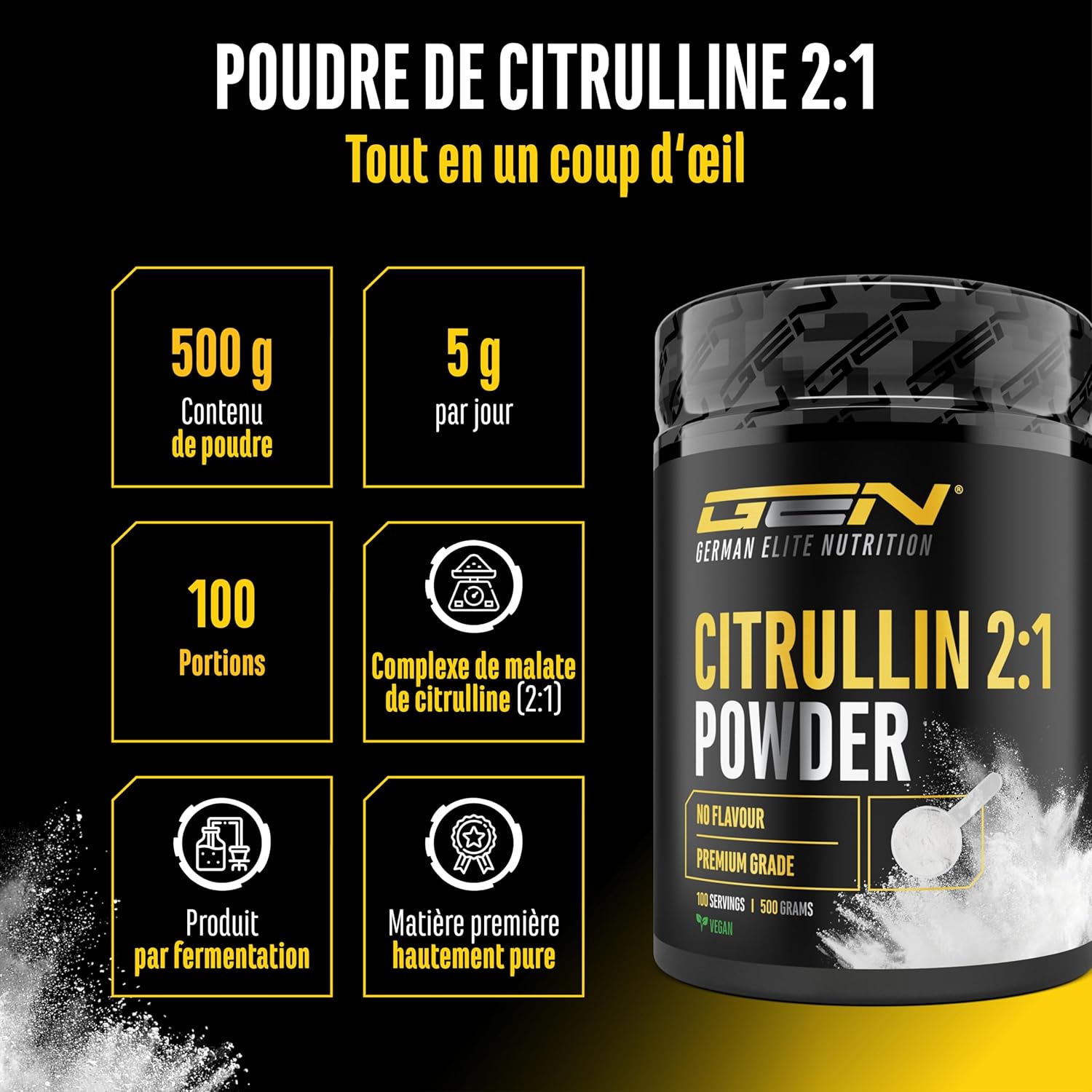 L-citrulline DL-malate 2:1 – poudre 500 g – Issue de fermentation végétale – Acide aminé de haute pureté, végane – Solubilité optimale et sans additifs