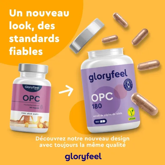 OPC 95% Extrait de Pépins de Raisin Resvératrol + Vitamine C, 1052mg d'OPC pur issu de Raisins Français - 180 Capsules Végétaliennes, Antioxydant Puissant, Proanthocyanidine Oligomérique 180 unité (Lot de 1)