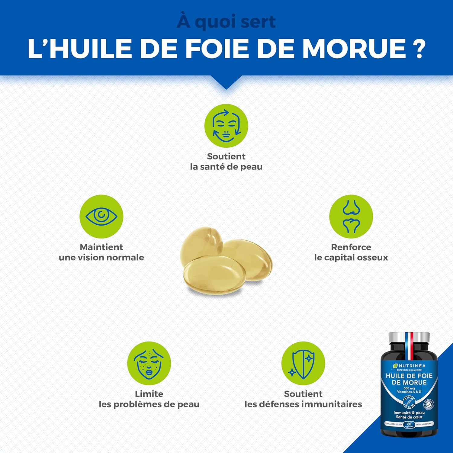 Huile de Foie de Morue - 600 mg - 100% des Besoins en Vitamines A et D - Immunité - Santé de la Peau - Capital Osseux - Qualité Premium - 60 Capsules - Nutrimea - Fabriqué en France