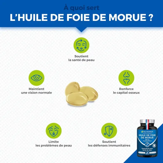 Huile de Foie de Morue - 600 mg - 100% des Besoins en Vitamines A et D - Immunité - Santé de la Peau - Capital Osseux - Qualité Premium - 60 Capsules - Nutrimea - Fabriqué en France