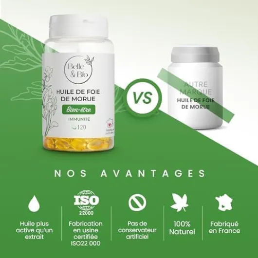OSSATURE FORTE & APPORT EN VITAMINES - Huile de Foie de Morue - 120 capsules - Cure 2 à 3 mois - Complément Alimentaire BELLE&BIO - Fabriqué en France
