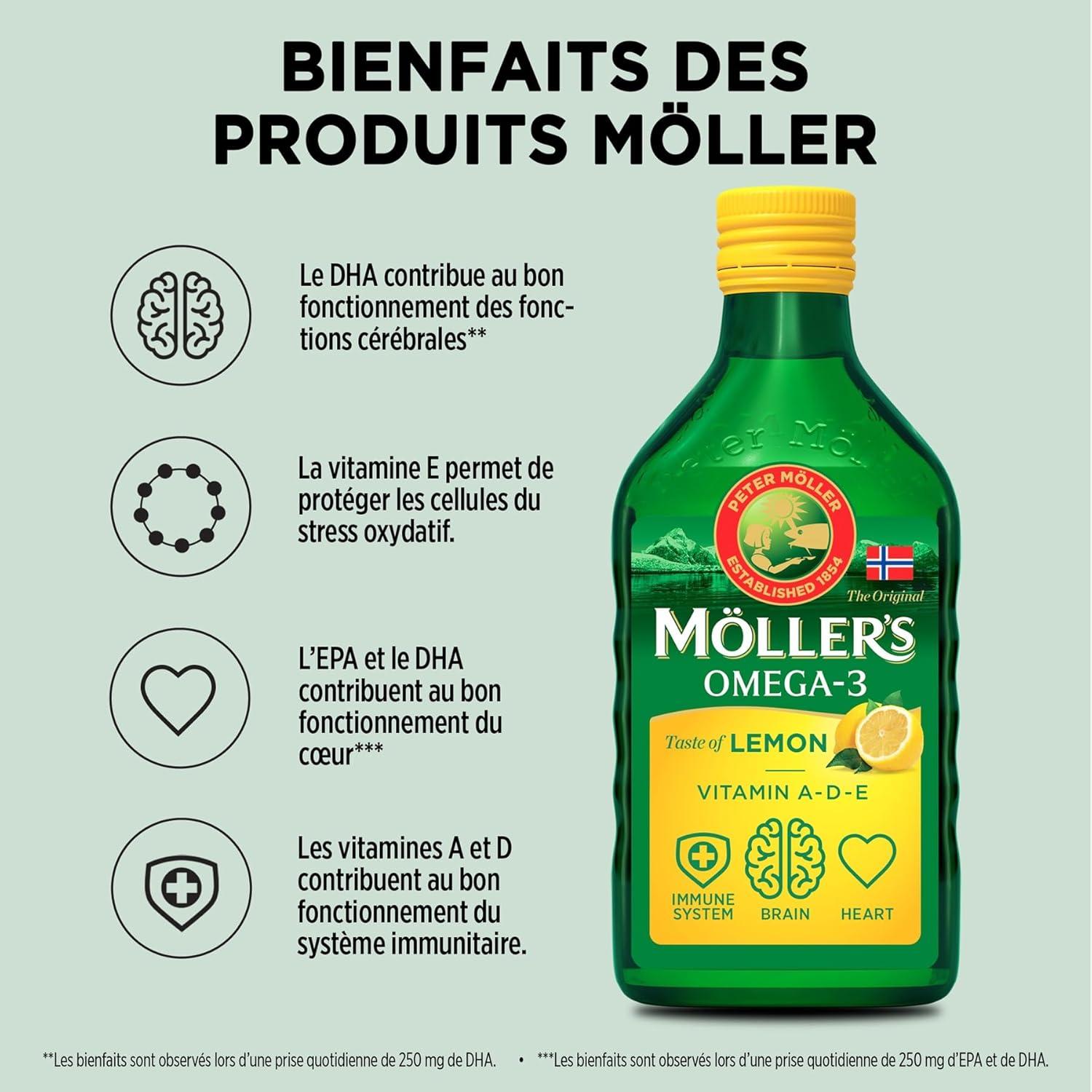 Moller’s ® - Huile de foie de morue oméga 3 - Compléments alimentaires oméga-3 avec EPA, DHA, vitamines A, D et E - Prix Superior Taste - Marque vieille de 166 ans - Citron - 250 ml Citron 250 ml (Lot de 1)