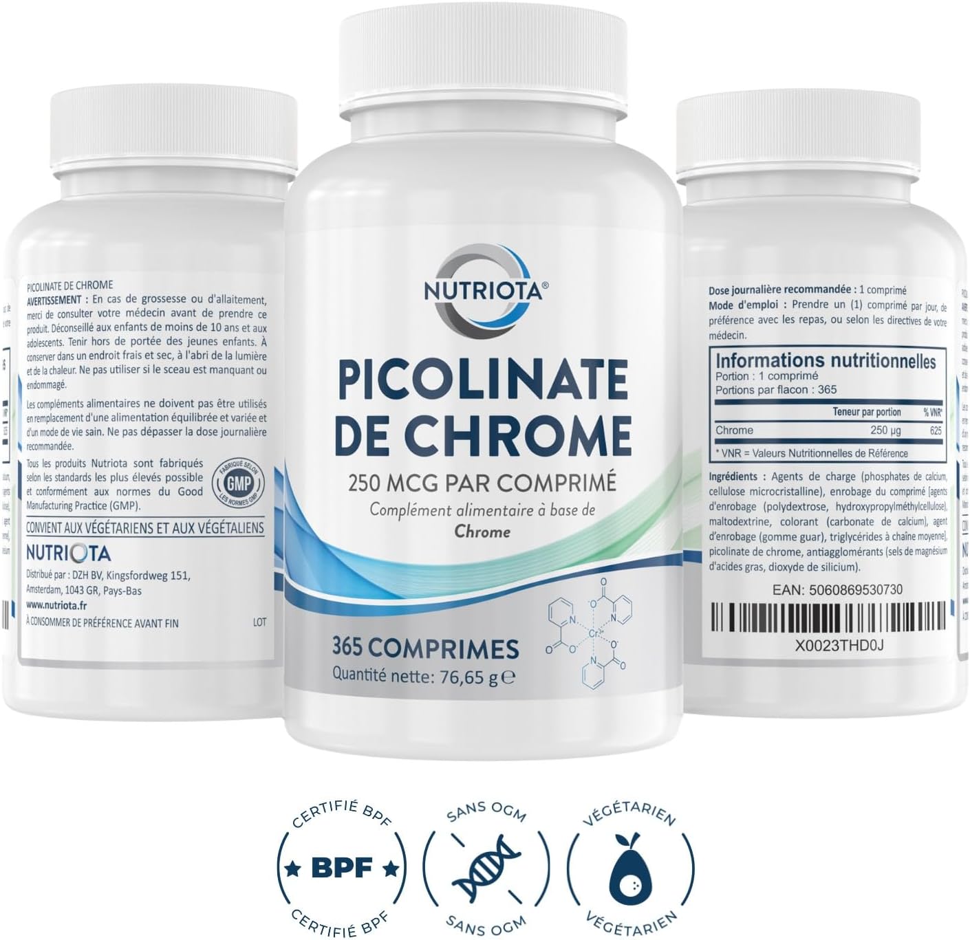 Complément alimentaire Picolinate de chrome 250 mcg - 365 Comprimés haute-concentration - Adapté aux végétaliens - Fabriqué au Royaume-Uni par Nutriota