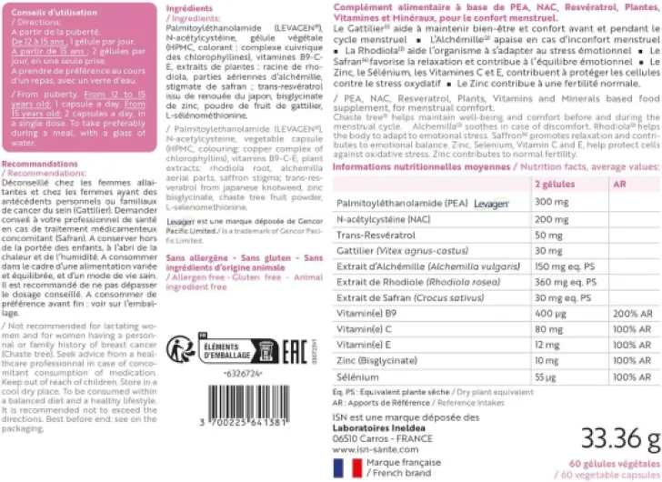 Endomelia - Complément alimentaire à base de PEA, NAC, Resvératrol, Plantes, Vitamines & Minéraux - Favorise le confort menstruel - Equilibre émotionnel - Cure 30 jours