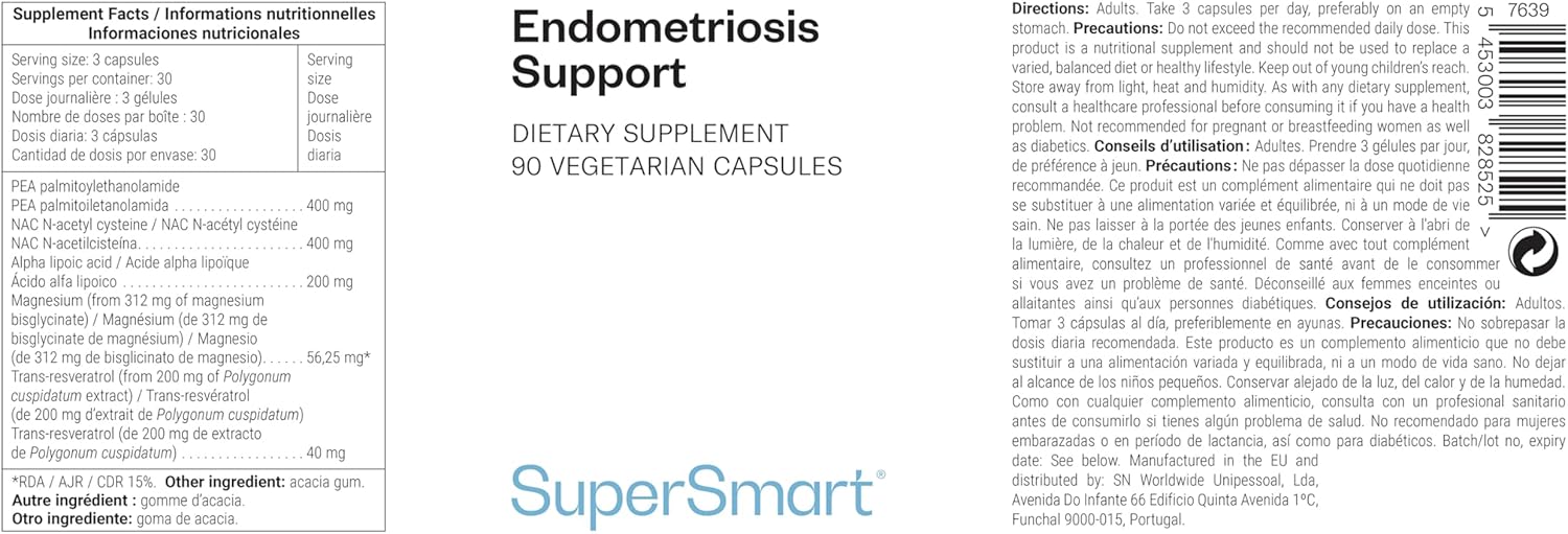 Endometriosis Support - Soulagement Naturel de l'Endométriose - Sans Hormones - PEA, NAC, Magnésium et Trans-resvératrol - Équilibre Hormonal - Complément pour la Santé Féminine - Vegan - SuperSmart