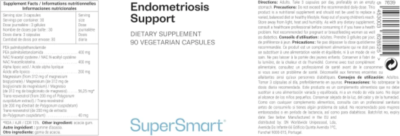 Endometriosis Support - Soulagement Naturel de l'Endométriose - Sans Hormones - PEA, NAC, Magnésium et Trans-resvératrol - Équilibre Hormonal - Complément pour la Santé Féminine - Vegan - SuperSmart