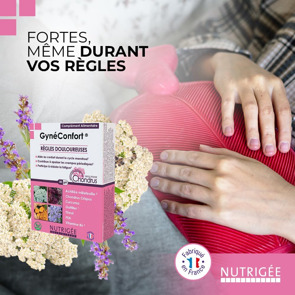 Gynéconfort - Règles douloureuses - Soulage crampes - douleurs menstruelles - Avant - pendant cycle - gyne comfort - Achillée, Curcuma, Gattilier, B6 - 30 gélules - Fabriqué en France - Nutrigée
