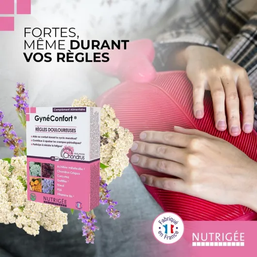 Gynéconfort - Règles douloureuses - Soulage crampes - douleurs menstruelles - Avant - pendant cycle - gyne comfort - Achillée, Curcuma, Gattilier, B6 - 30 gélules - Fabriqué en France - Nutrigée
