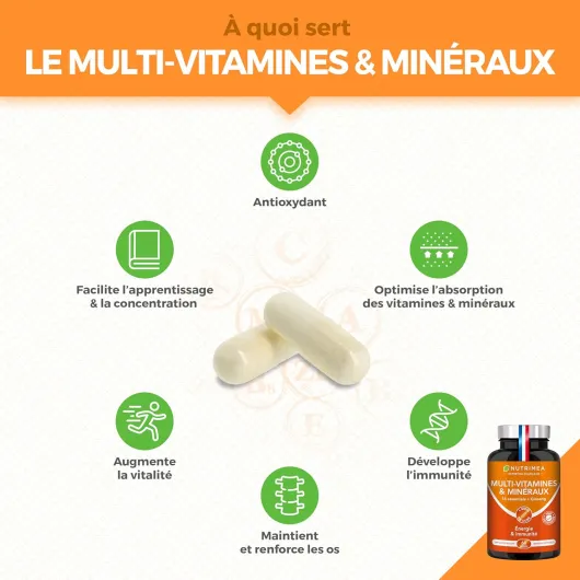 Multivitamines et Minéraux - 16 Vitamines & Minéraux + GINSENG - Vitamines A, B6, B9, B12, C, D3, E, Magnésium, Fer, Zinc & Calcium - Energie, Vitalité, Puissance - Fabrication Française - Nutrimea Multivitamines & Minéraux