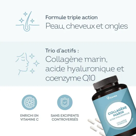 Collagène Marin + Acide Hyaluronique - 120 gélules - Peptides de Collagène Marin Hydrolysé, Type 1, 3 - Avec Coenzyme Q10, Vitamine C & Zinc -Peau, Cheveux, Articulations - Fabriqué en France -Vitavea