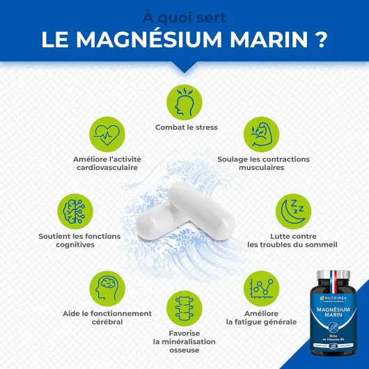 Magnésium Marin et Vitamine B6 - Breveté Simag55™ - Combat Efficacement la Fatigue - 150 mg/jour - 120 Gélules d'Origine Végétale - 4 Mois de Cure - Fabrication Française - Nutrimea Magnésium Marin Pilulier