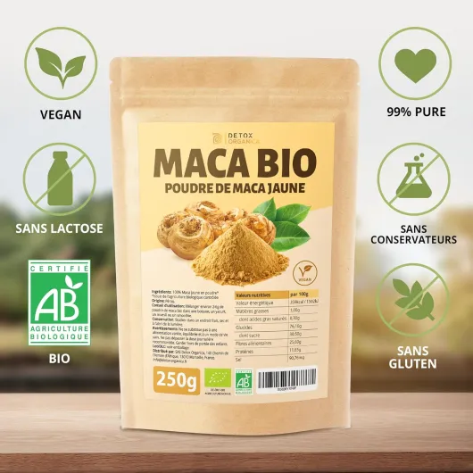 Maca Bio - 250g Poudre de Maca Jaune Bio - 100% Nature et Vegan - Racine du Pérou riche en Vitamines et Minéraux - Fertilité et Boost d'Energie - Qualité Premium 250 g (Lot de 1)