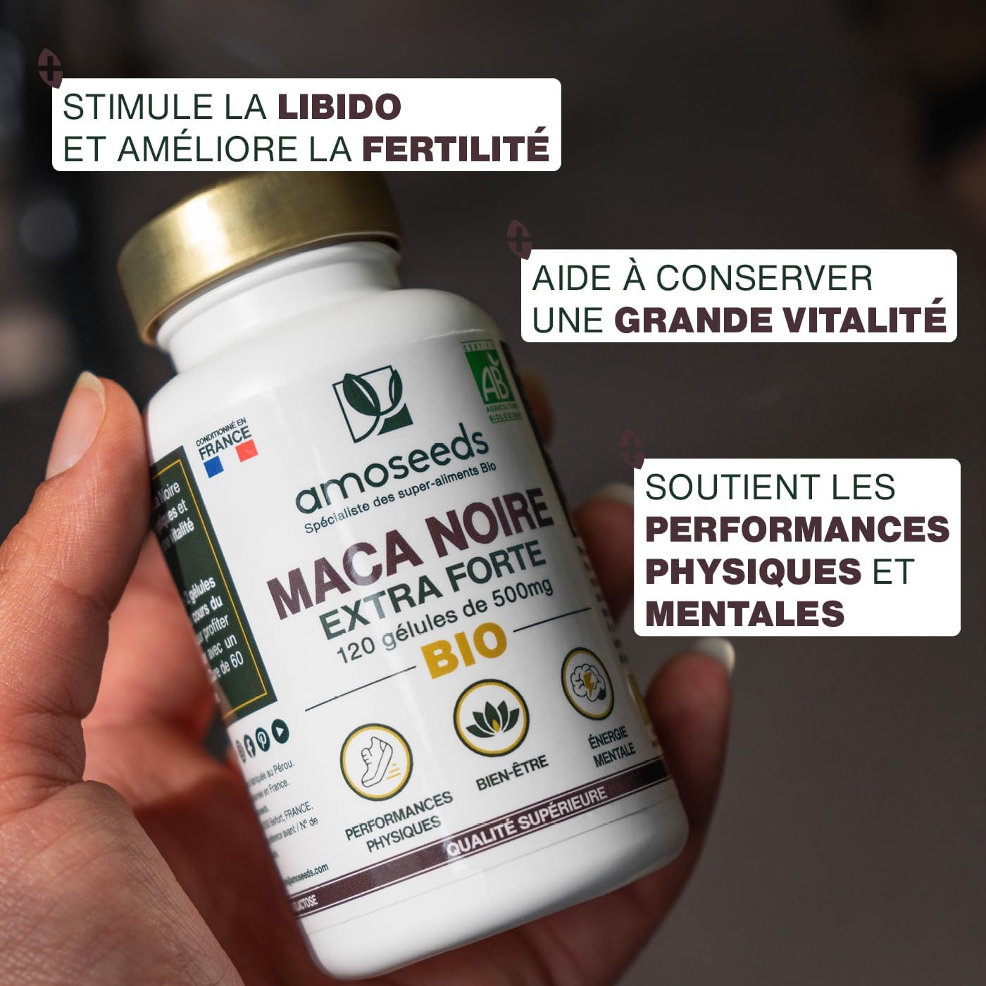 Maca Noire BIO du Pérou - Extra Fort 10 000mg par jour - 120 gélules vegan - Régulateur Hormonal, Détente, Énergie - Qualité Supérieure pour Sommeil,Stress