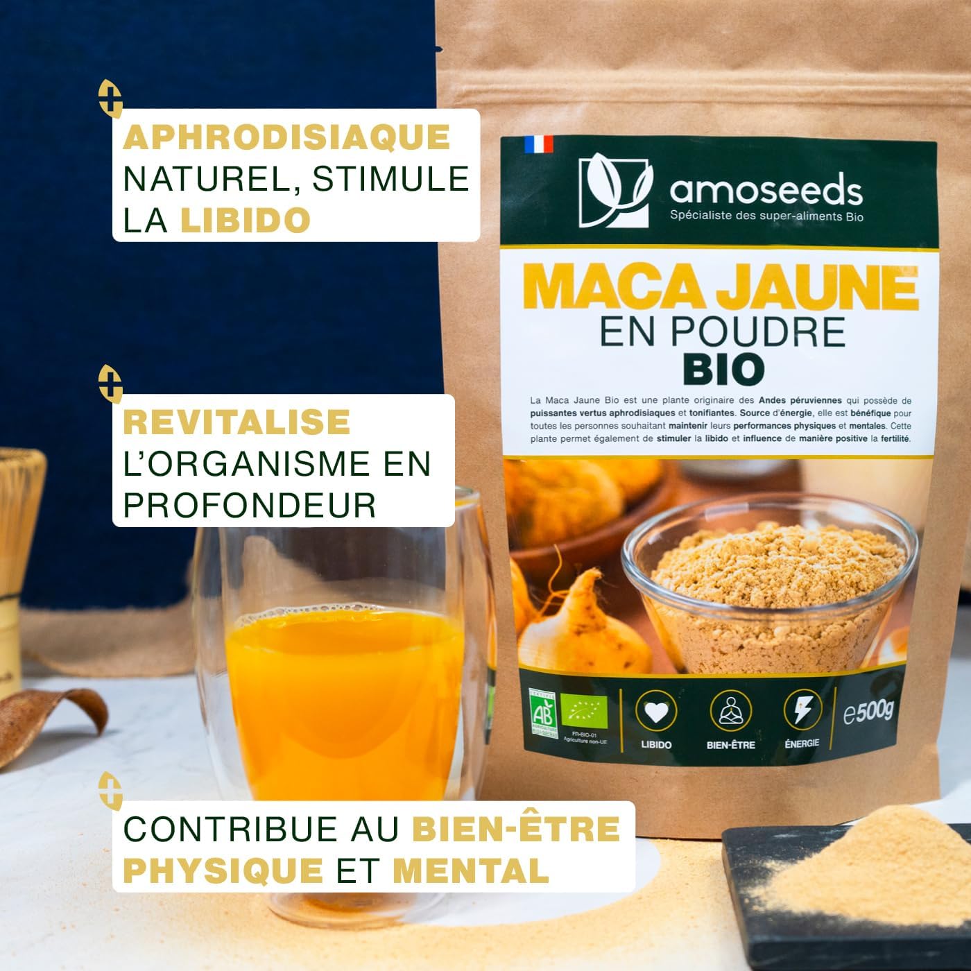 Maca Jaune en Poudre BIO 500G - 100% racine de Maca du Pérou - Fertilité, Tonus, Énergie mentale - Qualité Supérieure 500 g (Lot de 1)