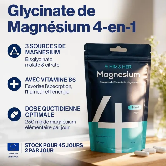 Bisglycinate de Magnésium Complexe 250mg – Magnésium 3-en-1 (Bisglycinate, Citrate, Malate) avec Vitamine B6 – Haute Biodisponibilité, 90 Gélules Végan, Fabriqué en Europe – 4 HIM & HER