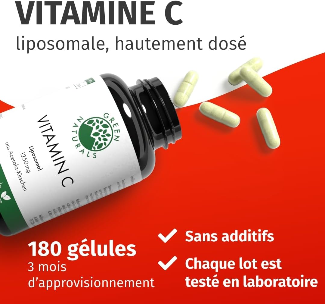Vitamine C liposomale 1250mg - Important: Biodisponibilité et absorption maximales - 180 gélules végétaliennes de cerises d'acérola - Green Naturals®