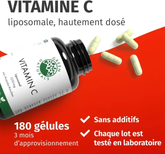 Vitamine C liposomale 1250mg - Important: Biodisponibilité et absorption maximales - 180 gélules végétaliennes de cerises d'acérola - Green Naturals®
