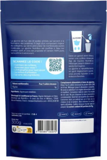 NUTRI & CO Glycine Cristallisée 100% Pure Sans Additifs & Vegan - Acide Aminé composant du Collagène - Aide au Sommeil, Articulations & Peau - 300g en poudre 60jrs - Conditionné en France