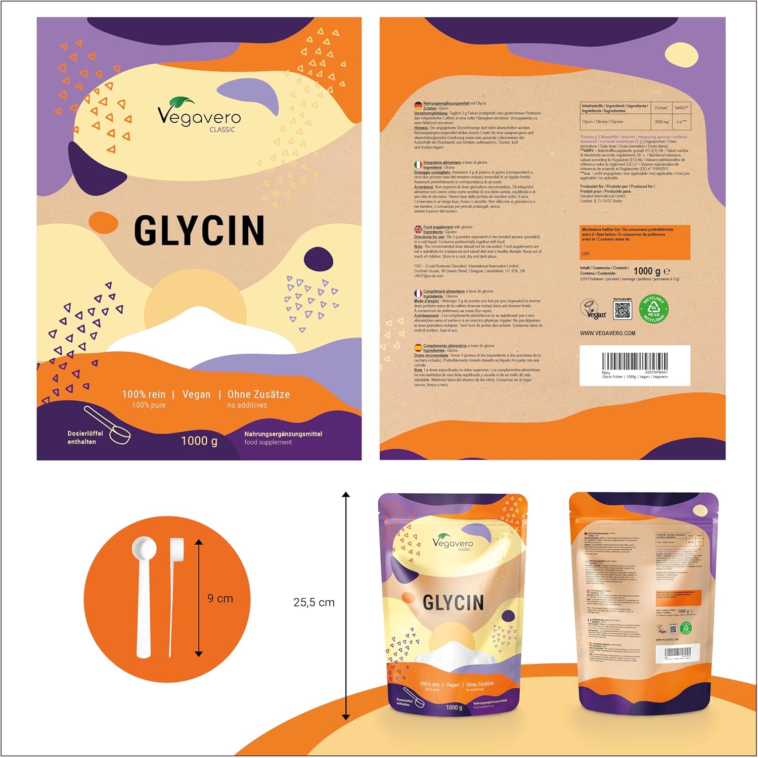 Glycine Poudre Vegavero® - 1000g (1kg) - 100% Pure, Sans Additifs et Vegan - Analysé en Laboratoire - Synthèse du Collagène & Aide au Sommeil - Avec Cuillère à Mesurer