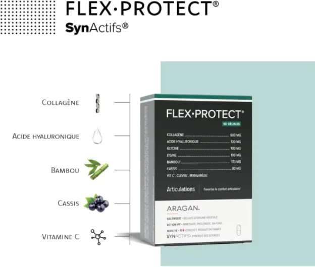 FlexProtect - Complément Alimentaire Articulations - Collagene, Acide hyaluronique, Bambou, Cuivre, Manganèse - Aragan - 60 Gélules