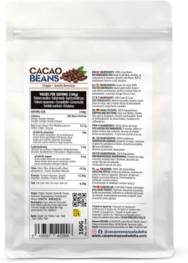 Cacao V Delta Fèves De Cacao Crues d'Amérique du Sud 350g -Fève Cru Sans Gluten, Sans Noix, Non Raffiné, Idéal Pour Chocolats Et Desserts, Antioxydants, Riche En Acides Essentiels Origine Amérique du Sud 350g