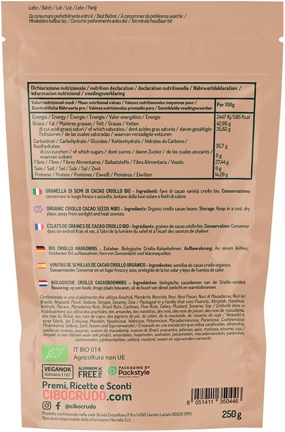 Grué de Cacao Cru Bio - 250g - Grue de Cacao de Feves Criollo - Fève de Cacao non Torréfié Sans Additifs Naturel et Pur - Organic Raw Cacao Nibs - Grué de cacao 250 g (Lot de 1)