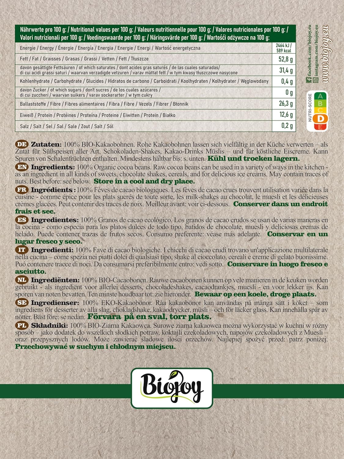 Fèves de Cacao crues BIO (500 g), entières et non-torréfiées (Theobroma cacao) 500 g (Lot de 1)