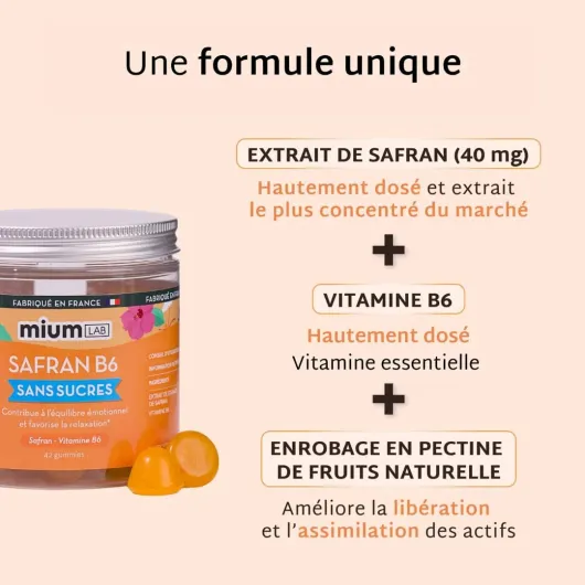 Mium Lab - Gummies Safran et Vitamine B6 sans sucres - Enfants et Adultes - Bien-être émotionnel et mental & Relaxation - Cure 3 à 6 Mois - Hautement dosé 40mg - Saveur Pêche - Fabriqué en France