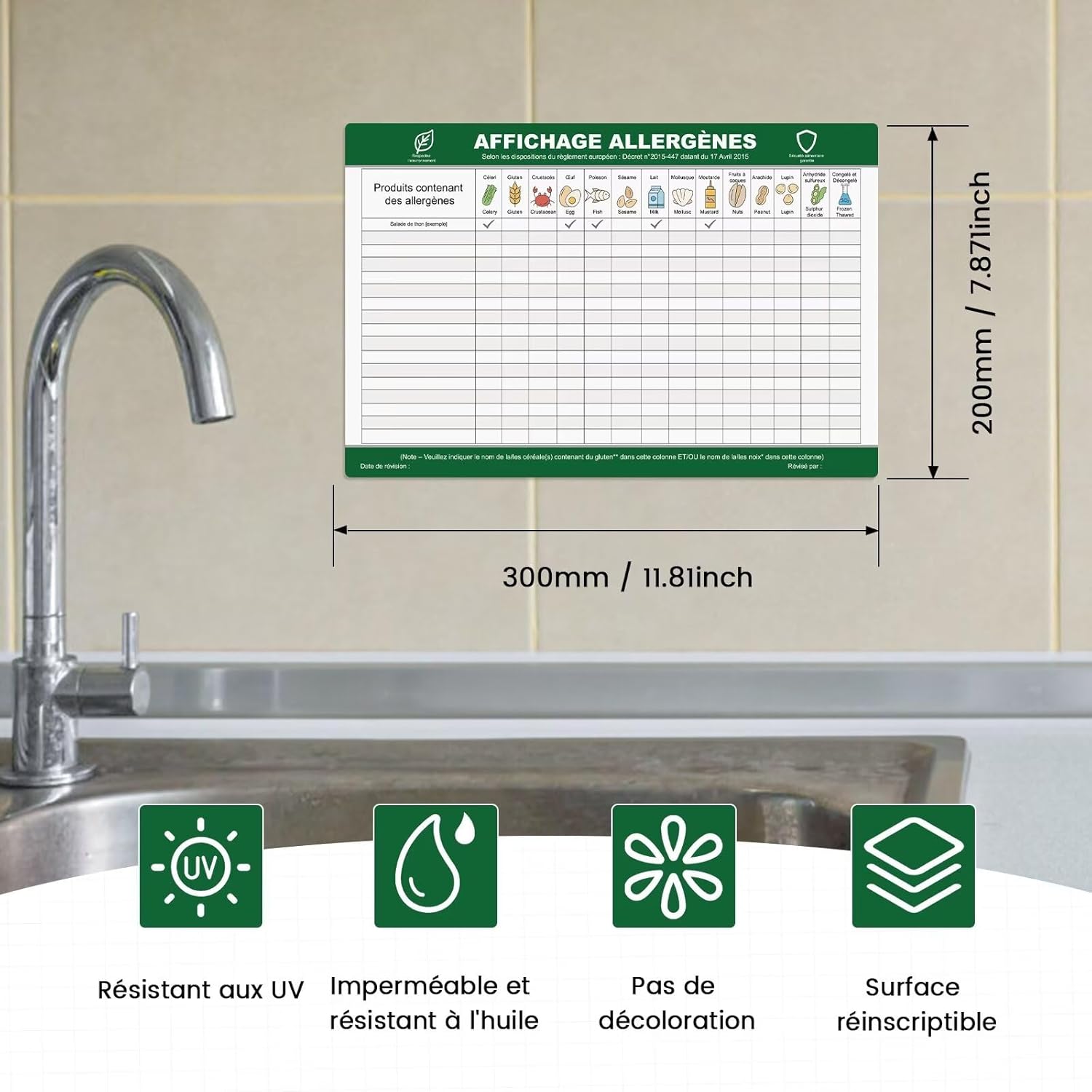 Panneau d'affichage des allergènes - 300 x 200mm Plastique PVC rigide - Surface effaçable, réinscriptible - Autocollant pour installation facile affichage allergènes