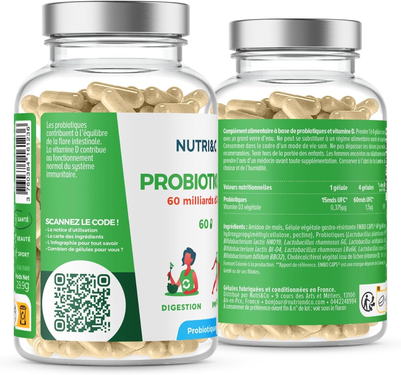 NUTRI & CO Probiotique Flore Intestinale - 60 Milliards UFC/jour - 8 Souches Dont 3 Cliniquement Étudiées - 60 Gélules Gastro-Résistantes aux Enzymes Digestives - Conditionné en France
