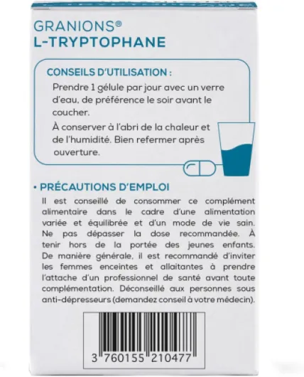 L-Tryptophane - Complement alimentaire serotonine - L-Tryptophane 220mg avec Vitamine B6 + Magnésium - Régulation de l'humeur et du sommeil, coupe faim - Made in France - 60 gélules