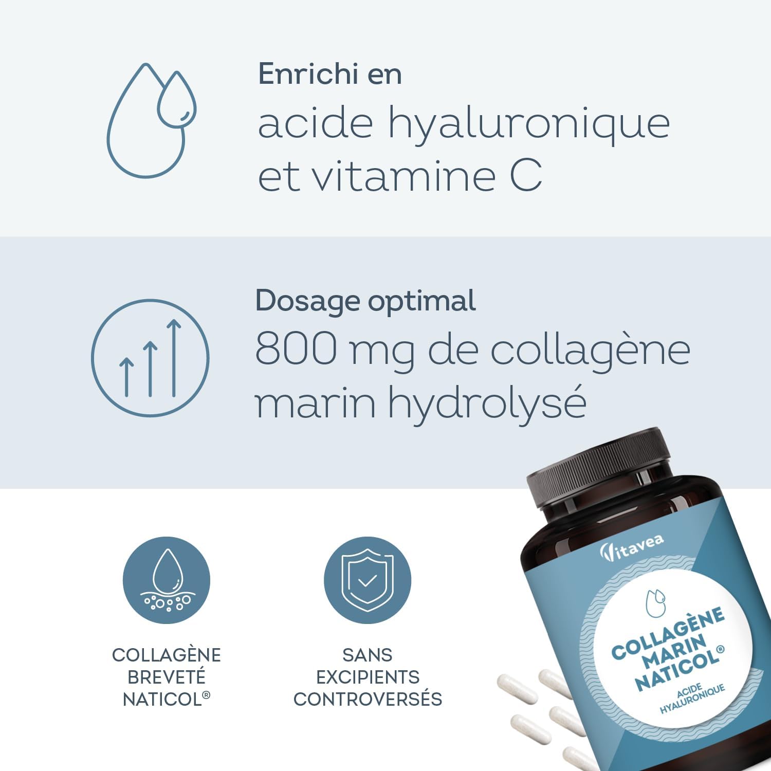 Collagène Marin Naticol® 800 mg + Acide Hyaluronique & Vitamine C - Peau, Os & Cartilages - Collagène Breveté Haute Qualité - 90 Gélules (Cure 1 Mois) - Sans Gluten - Fabriqué en France - Vitavea