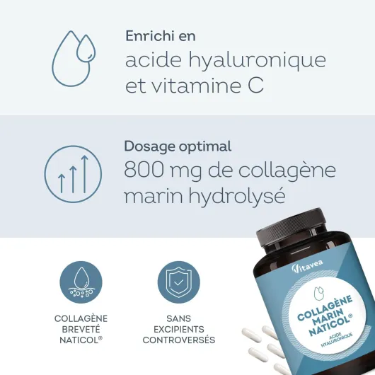 Collagène Marin Naticol® 800 mg + Acide Hyaluronique & Vitamine C - Peau, Os & Cartilages - Collagène Breveté Haute Qualité - 90 Gélules (Cure 1 Mois) - Sans Gluten - Fabriqué en France - Vitavea
