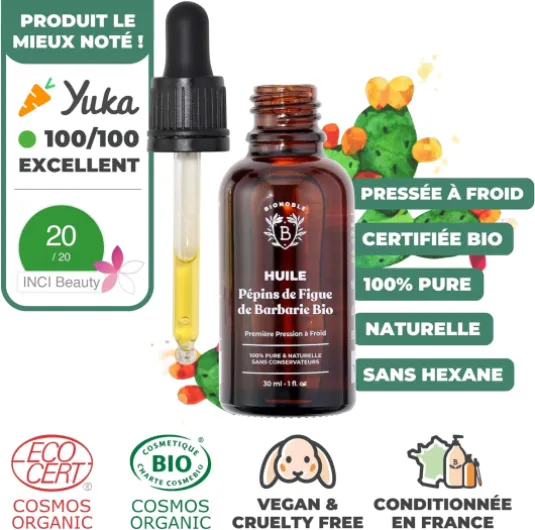 Huile de Pépin de Figue de Barbarie Bio, Pure, Pressée à Froid, Sans Hexane - Anti-Âge, Diminue Rides, Cernes et Poches - Huile de Figue de Barbarie Bio Visage - Flacon Verre, Pipette - 30ml 30 ml (Lot de 1) Figue de Barbarie