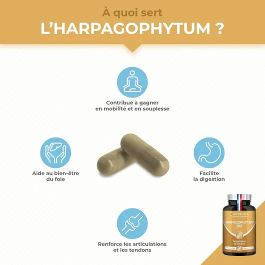 HARPAGOPHYTUM BIO - Renforcement Articulations & Cartilages - Soulage les Douleurs Articulaires, Protège le Foie et Facilite la Digestion - 1200 mg - 60 Gélules Vegan - Nutrimea - Fabriqué en France