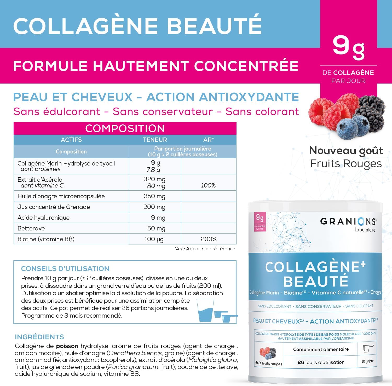 COLLAGENE MARIN + BEAUTE - Collagene et Acide Hyaluronique, Biotine Cheveux, Vitamine C - Beauté Peau - Complement Alimentaire Cheveux -Haute assimilation, Collagene Fruits Rouges Poudre 260g Saveur Fruits Rouges